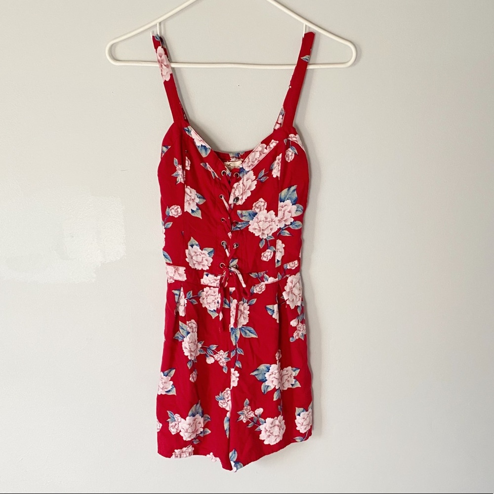 Hollister Women’s Floral Lace-Up Front Romper With Elastic Mid Section